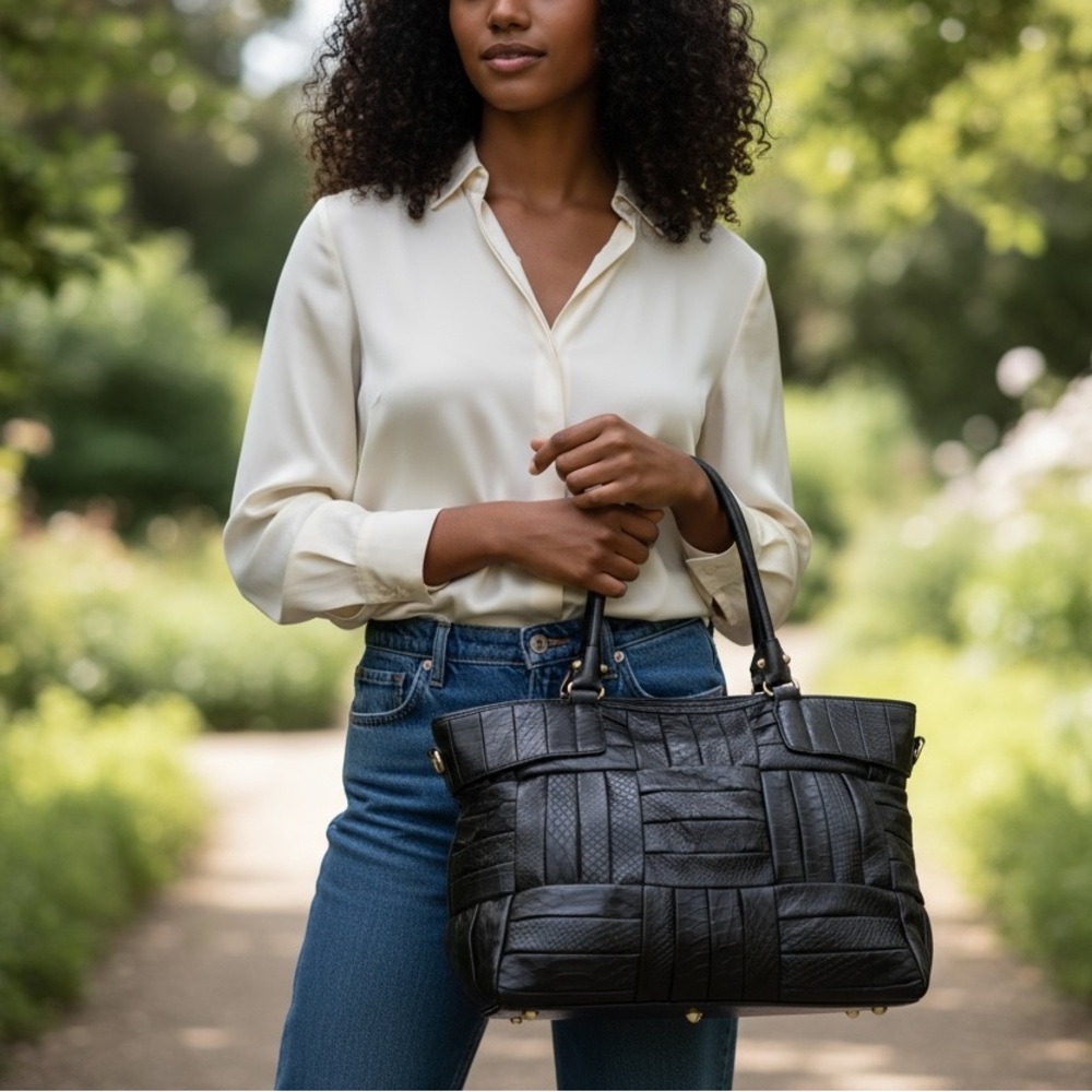 CARMEN STEFFENS Black Leather Tote Bag